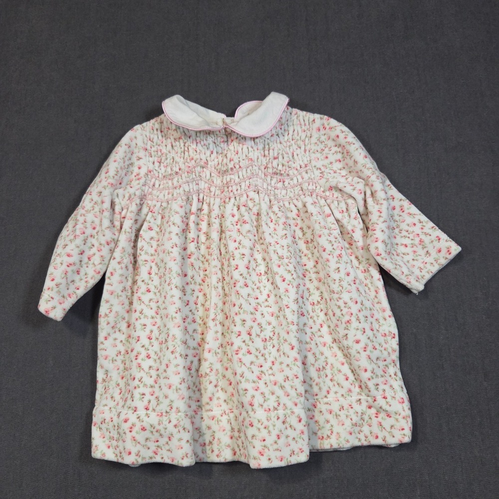 Ralph Lauren Smocked Dress Baby Girls 9M Pink Floral Velour Peter Pan Collar
